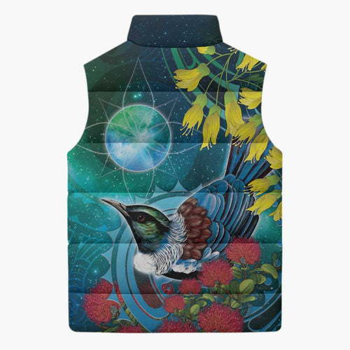 New Zealand Tui Bird Sleeveless Puffer Jacket Maori Koru With Pohutukawa Galaxy Style - Aussie Hoodie