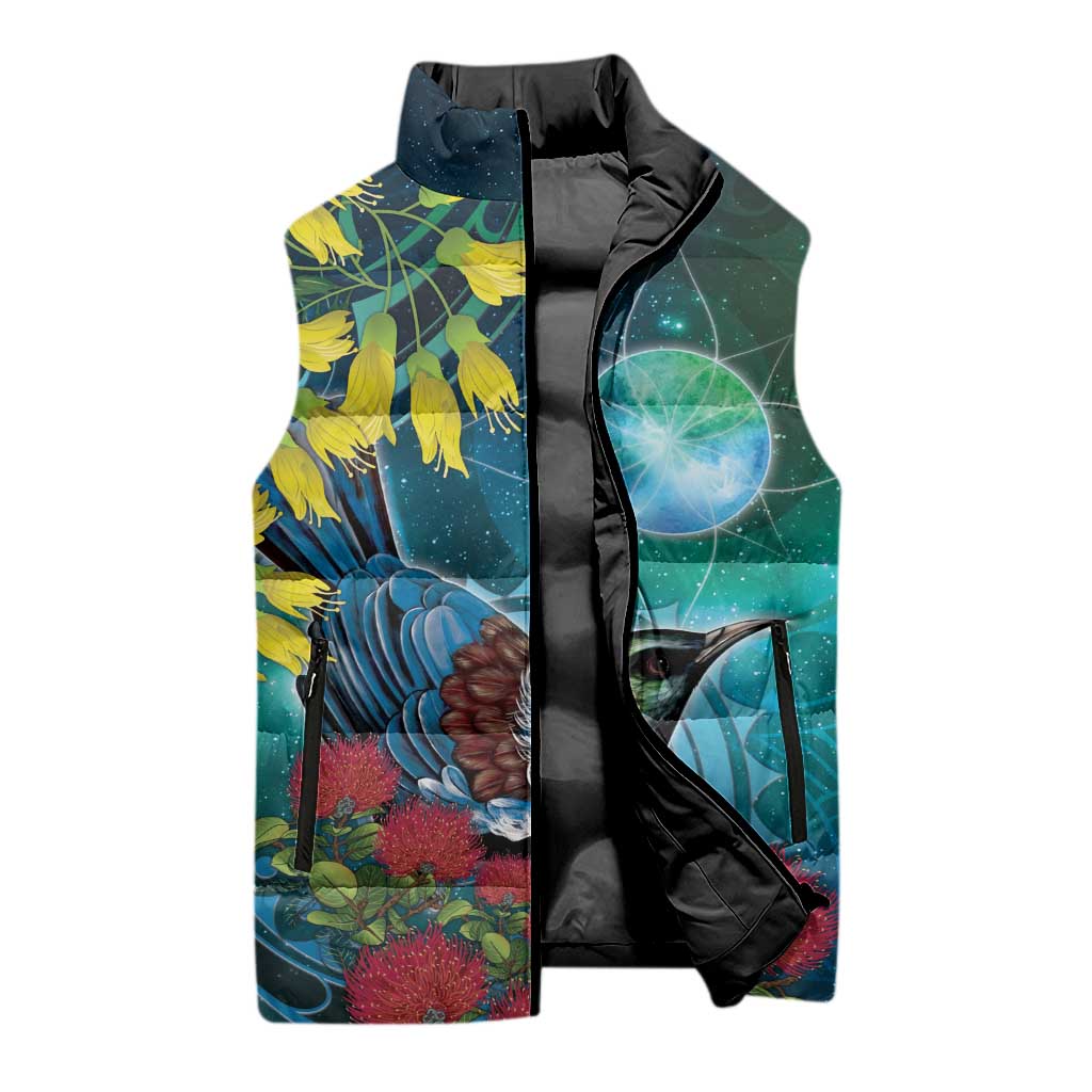 New Zealand Tui Bird Sleeveless Puffer Jacket Maori Koru With Pohutukawa Galaxy Style - Aussie Hoodie