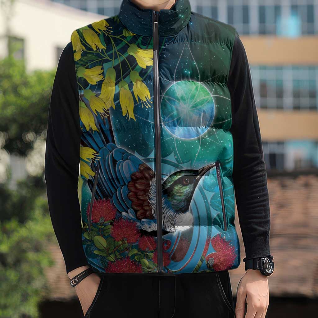 New Zealand Tui Bird Sleeveless Puffer Jacket Maori Koru With Pohutukawa Galaxy Style - Aussie Hoodie