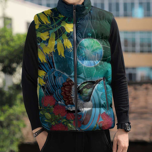 New Zealand Tui Bird Sleeveless Puffer Jacket Maori Koru With Pohutukawa Galaxy Style - Aussie Hoodie