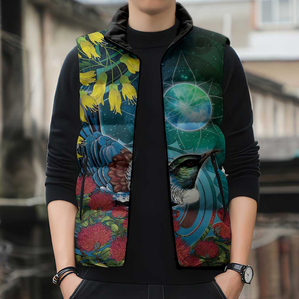New Zealand Tui Bird Sleeveless Puffer Jacket Maori Koru With Pohutukawa Galaxy Style - Aussie Hoodie