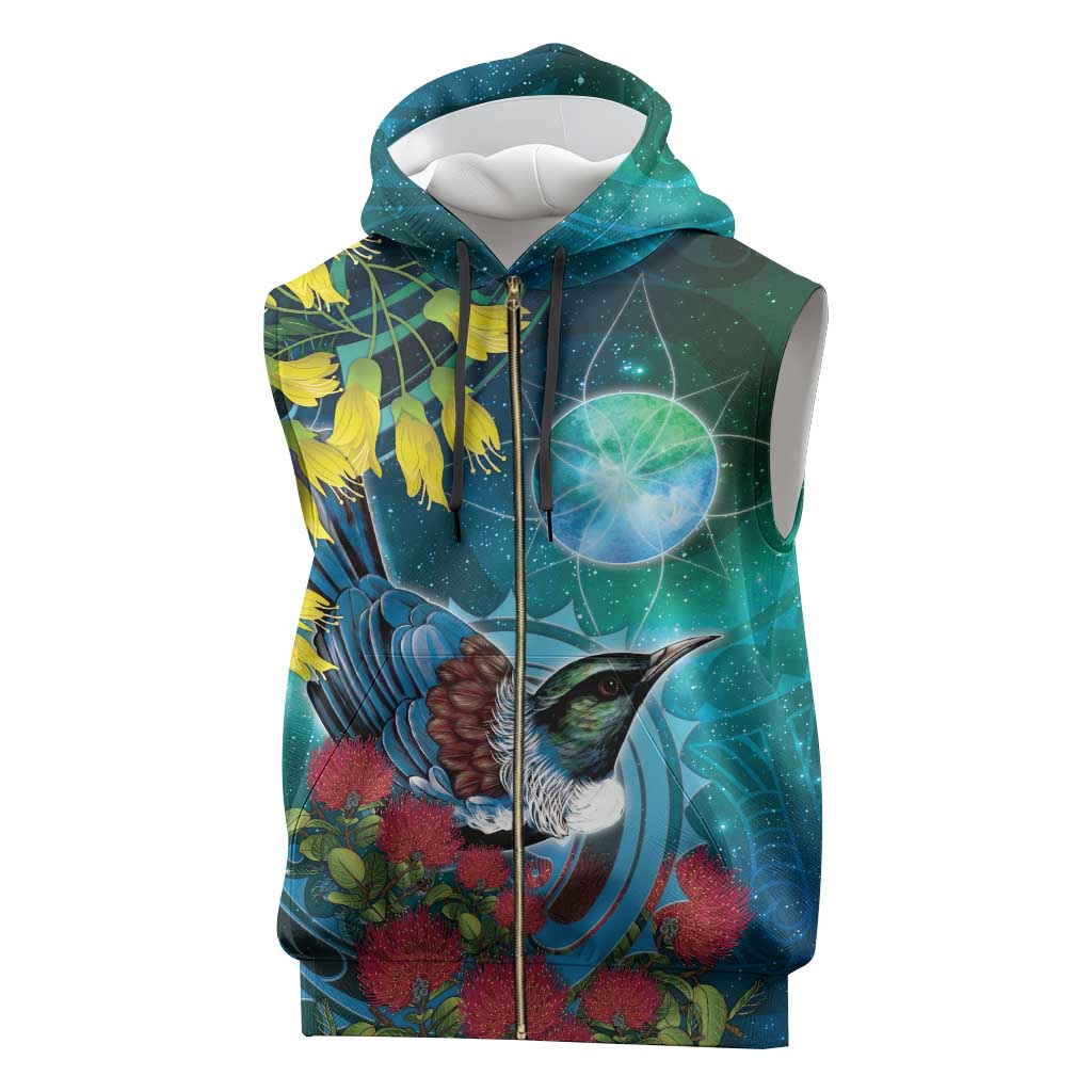 New Zealand Tui Bird Sleeveless Zip Hoodie Maori Koru With Pohutukawa Galaxy Style - Aussie Hoodie
