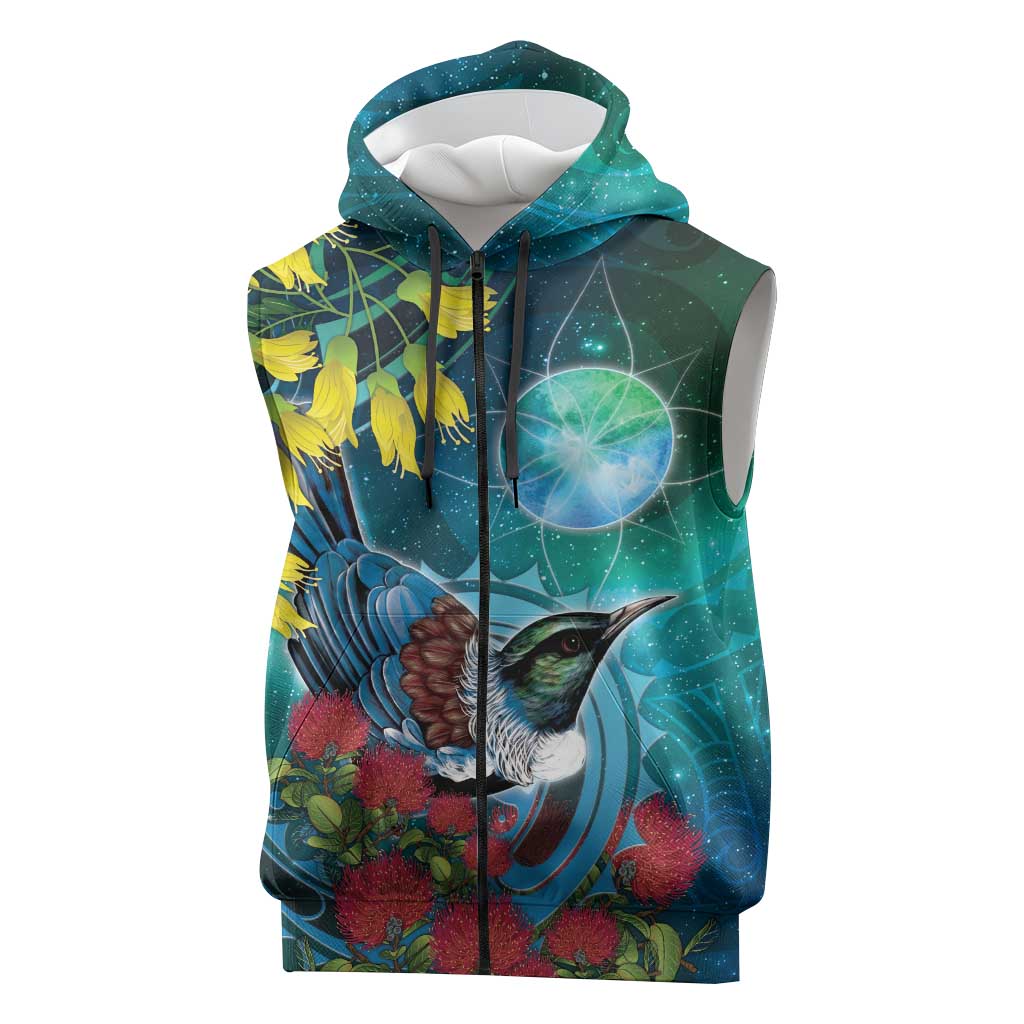 New Zealand Tui Bird Sleeveless Zip Hoodie Maori Koru With Pohutukawa Galaxy Style LT05