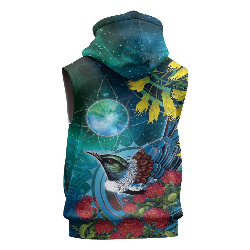 New Zealand Tui Bird Sleeveless Zip Hoodie Maori Koru With Pohutukawa Galaxy Style - Aussie Hoodie