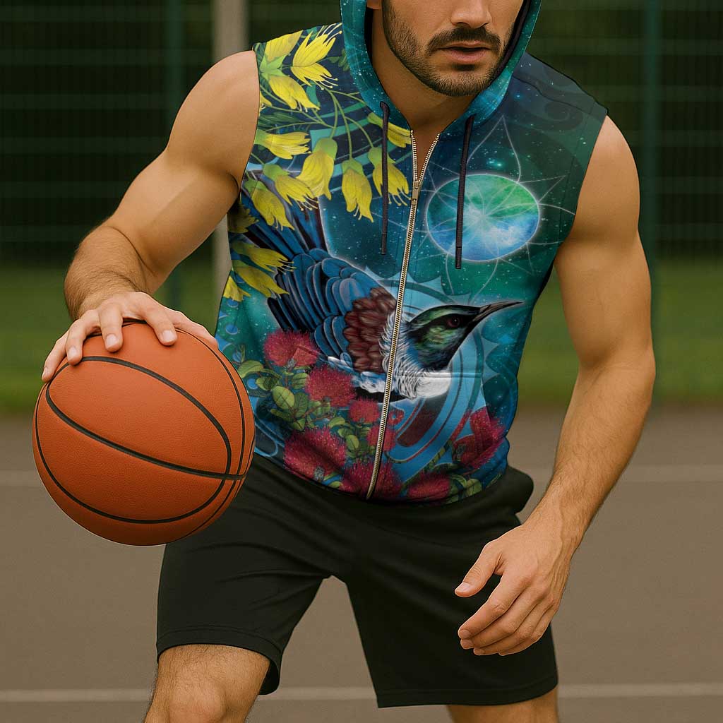 New Zealand Tui Bird Sleeveless Zip Hoodie Maori Koru With Pohutukawa Galaxy Style - Aussie Hoodie