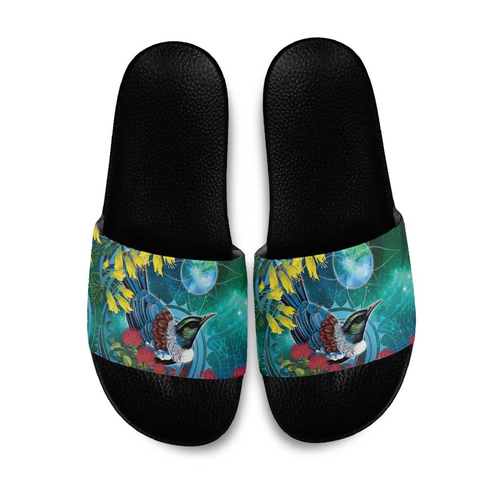 New Zealand Tui Bird Slide Sandals Maori Koru With Pohutukawa Galaxy Style - Aussie Hoodie