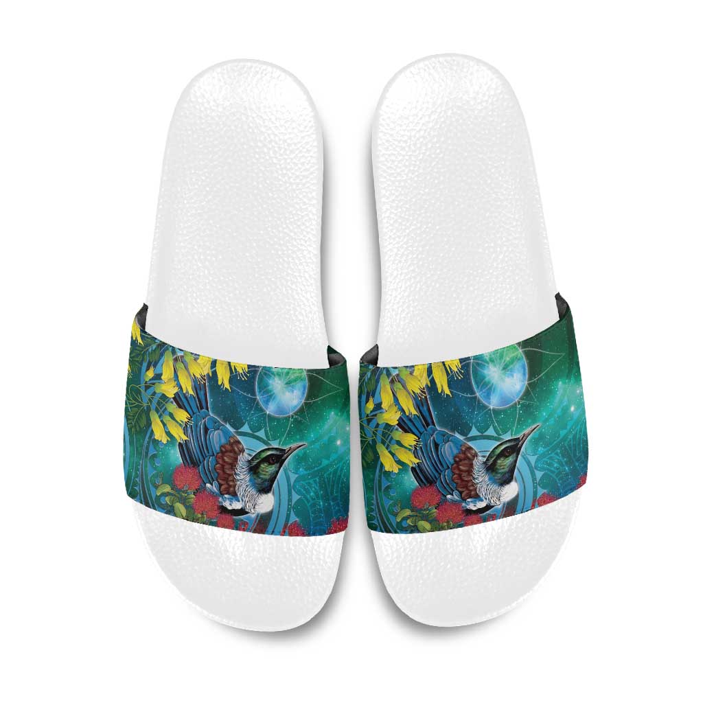 New Zealand Tui Bird Slide Sandals Maori Koru With Pohutukawa Galaxy Style - Aussie Hoodie