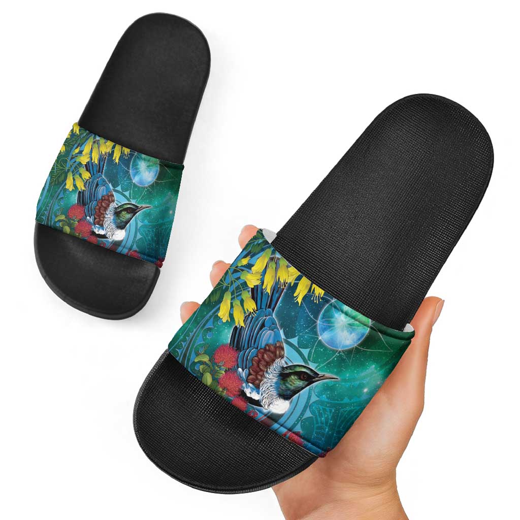 New Zealand Tui Bird Slide Sandals Maori Koru With Pohutukawa Galaxy Style - Aussie Hoodie