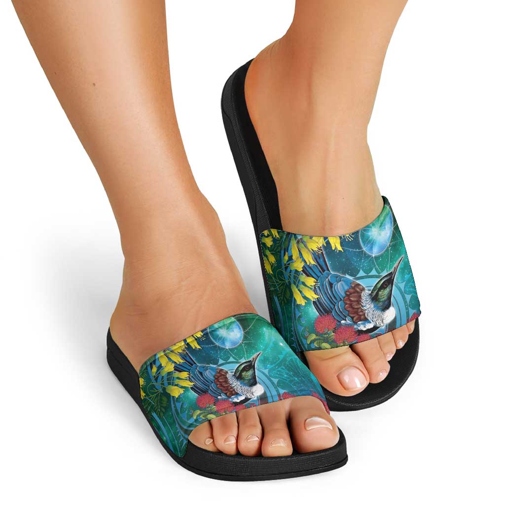 New Zealand Tui Bird Slide Sandals Maori Koru With Pohutukawa Galaxy Style - Aussie Hoodie