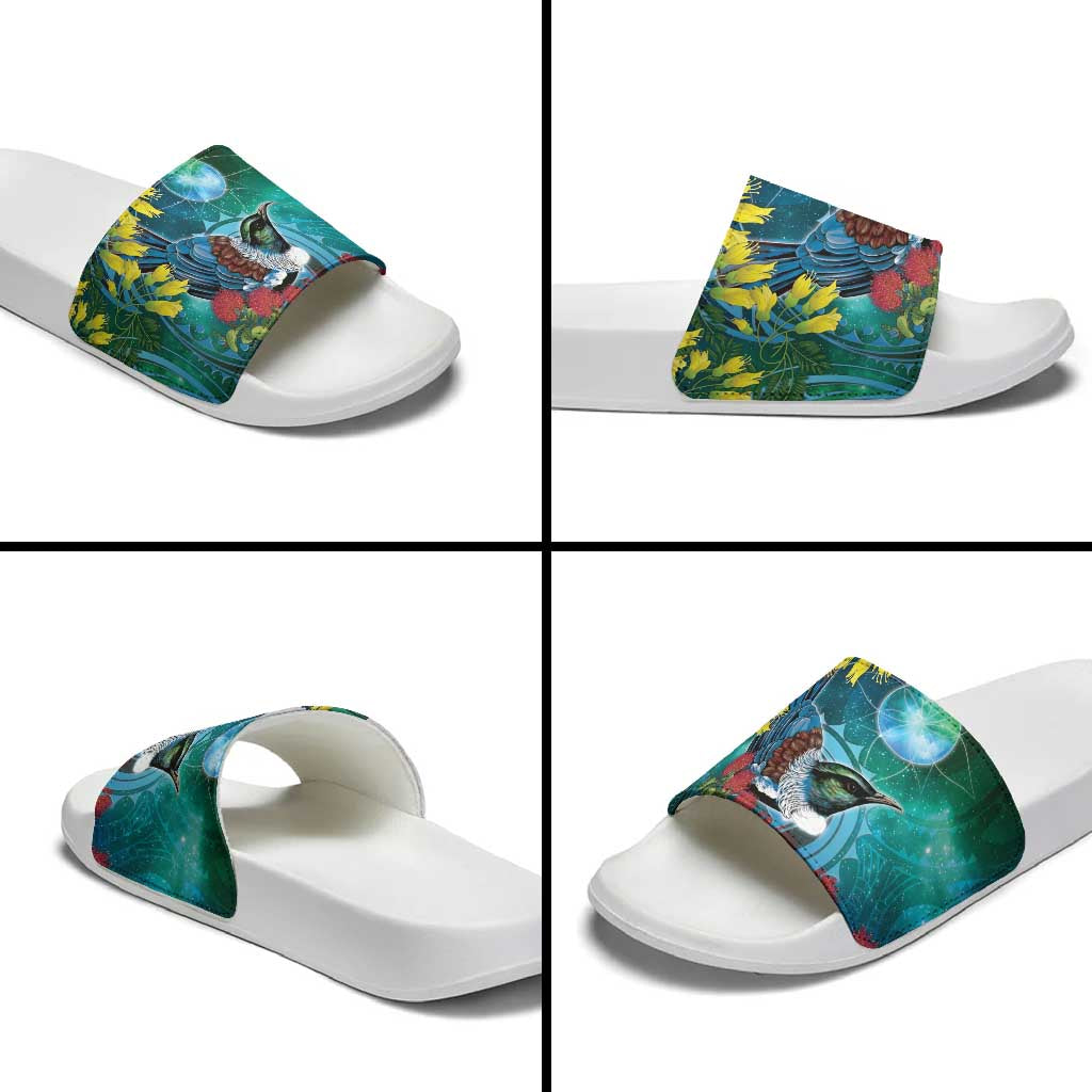 New Zealand Tui Bird Slide Sandals Maori Koru With Pohutukawa Galaxy Style - Aussie Hoodie