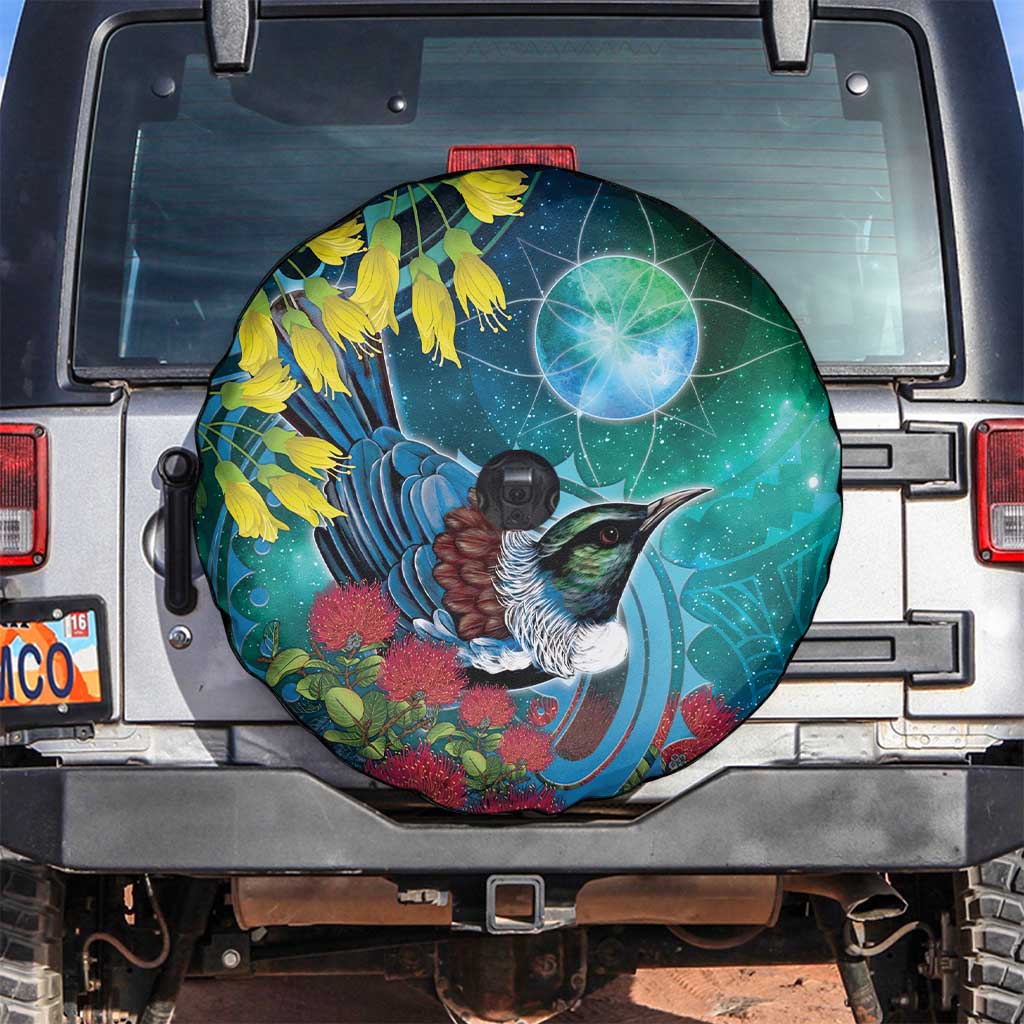 New Zealand Tui Bird Spare Tire Cover Maori Koru With Pohutukawa Galaxy Style - Aussie Hoodie