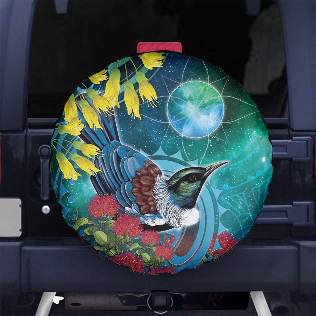New Zealand Tui Bird Spare Tire Cover Maori Koru With Pohutukawa Galaxy Style - Aussie Hoodie