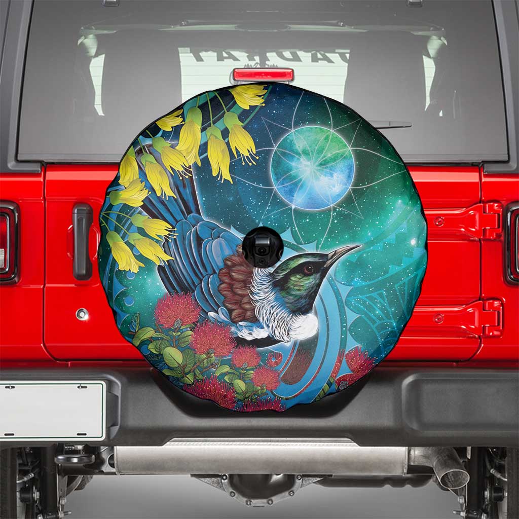 New Zealand Tui Bird Spare Tire Cover Maori Koru With Pohutukawa Galaxy Style - Aussie Hoodie