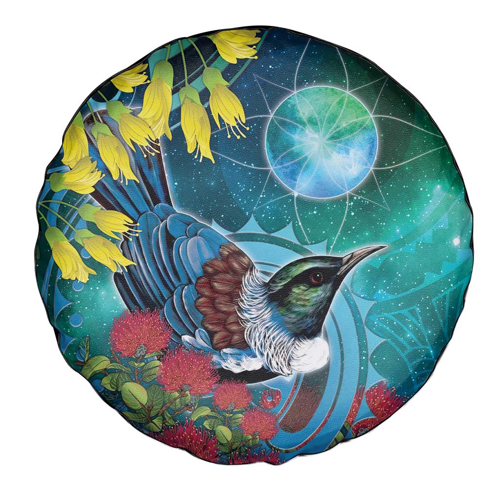 New Zealand Tui Bird Spare Tire Cover Maori Koru With Pohutukawa Galaxy Style - Aussie Hoodie