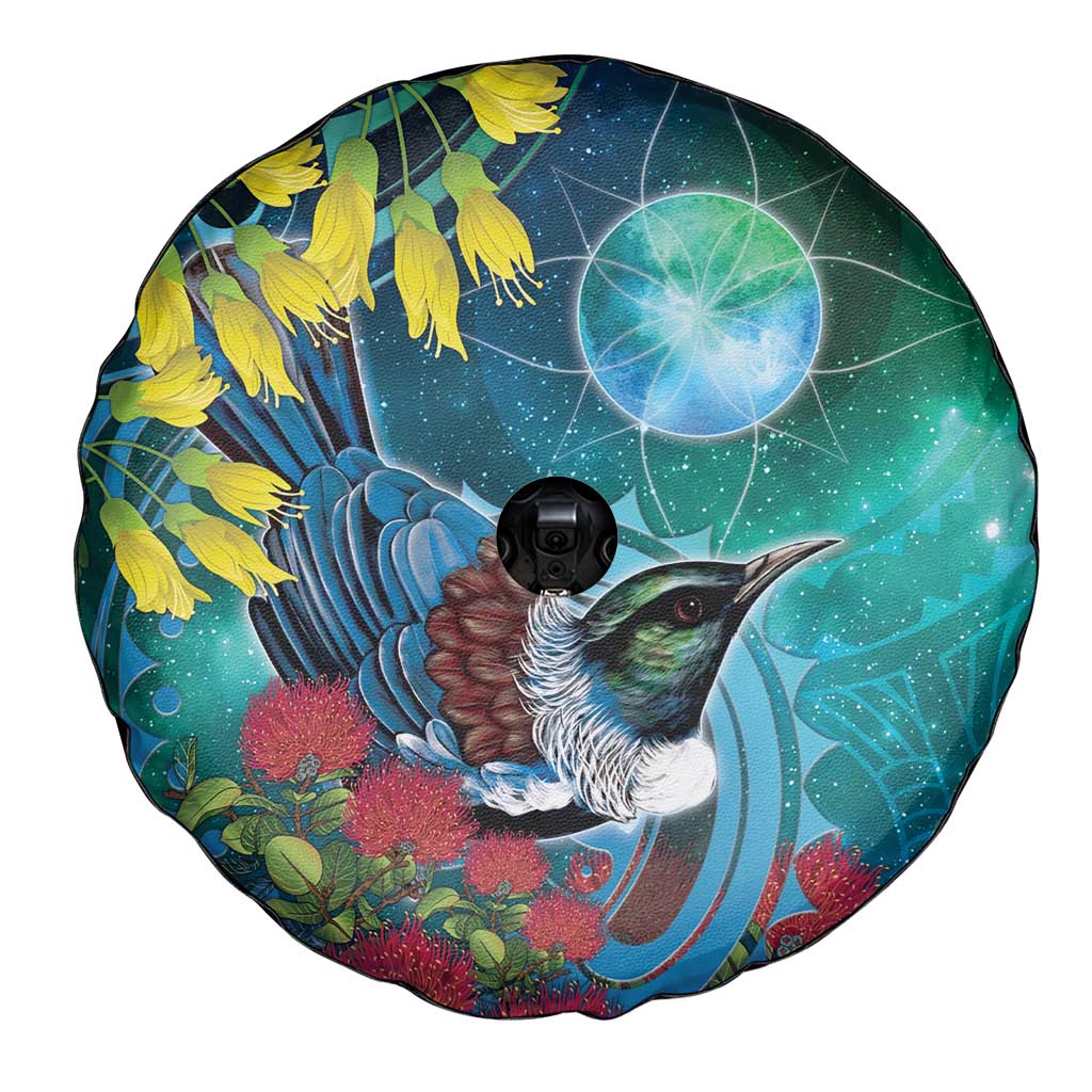 New Zealand Tui Bird Spare Tire Cover Maori Koru With Pohutukawa Galaxy Style - Aussie Hoodie