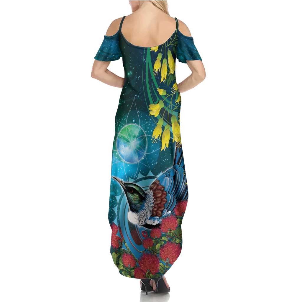 New Zealand Tui Bird Summer Maxi Dress Maori Koru With Pohutukawa Galaxy Style - Aussie Hoodie