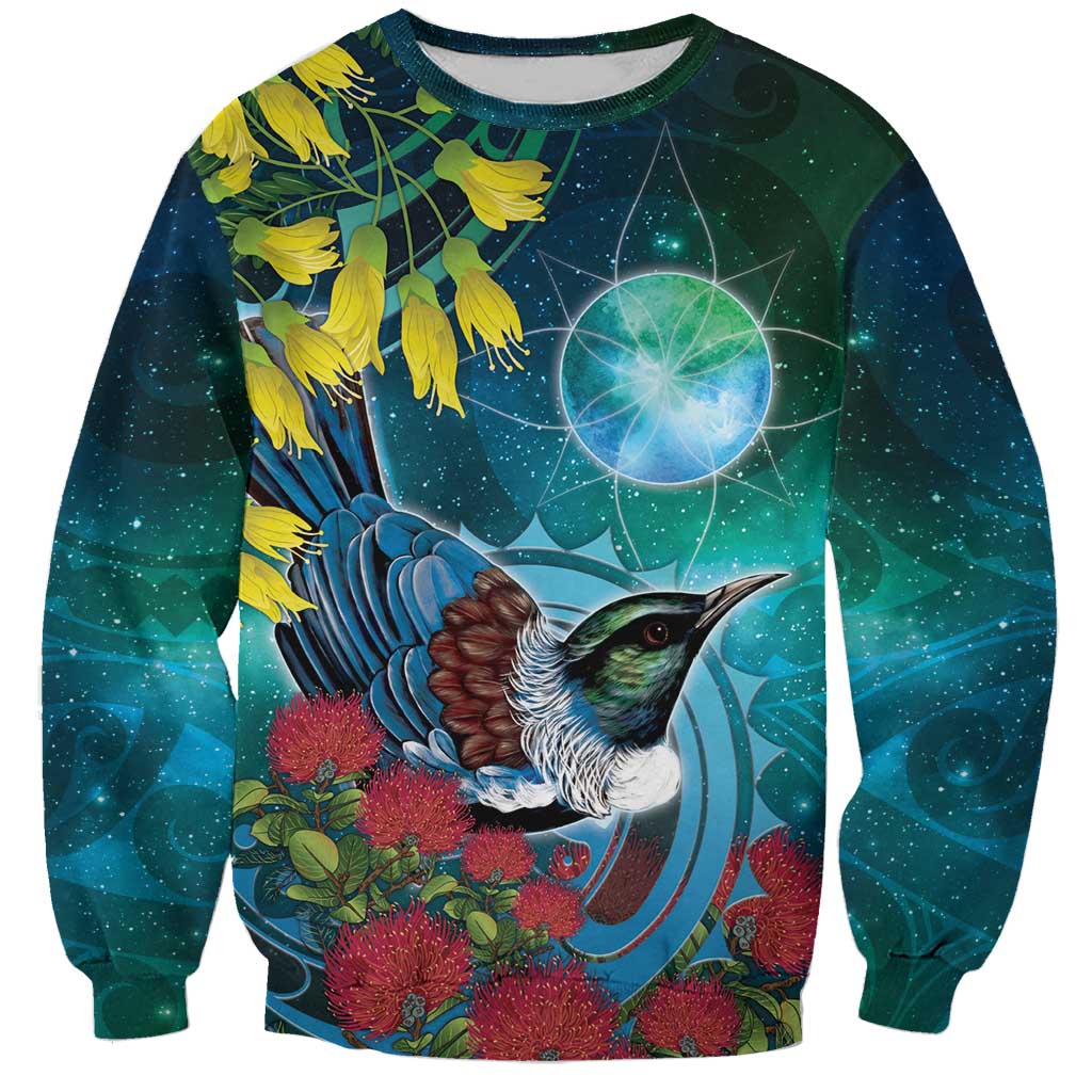 New Zealand Tui Bird Sweatshirt Maori Koru With Pohutukawa Galaxy Style - Aussie Hoodie
