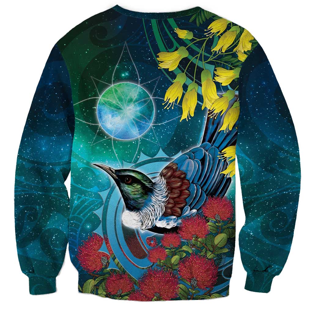 New Zealand Tui Bird Sweatshirt Maori Koru With Pohutukawa Galaxy Style - Aussie Hoodie