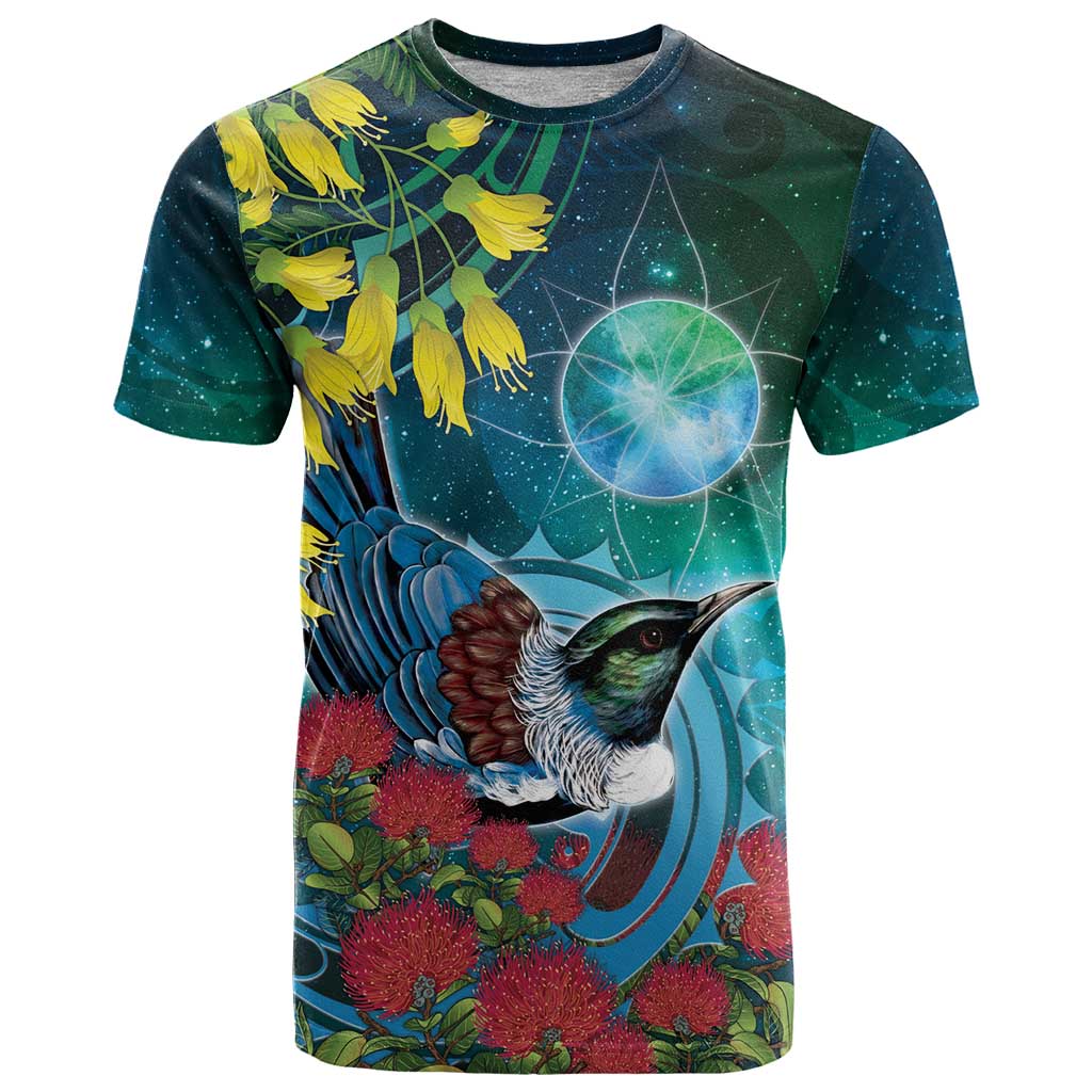 New Zealand Tui Bird T Shirt Maori Koru With Pohutukawa Galaxy Style - Aussie Hoodie