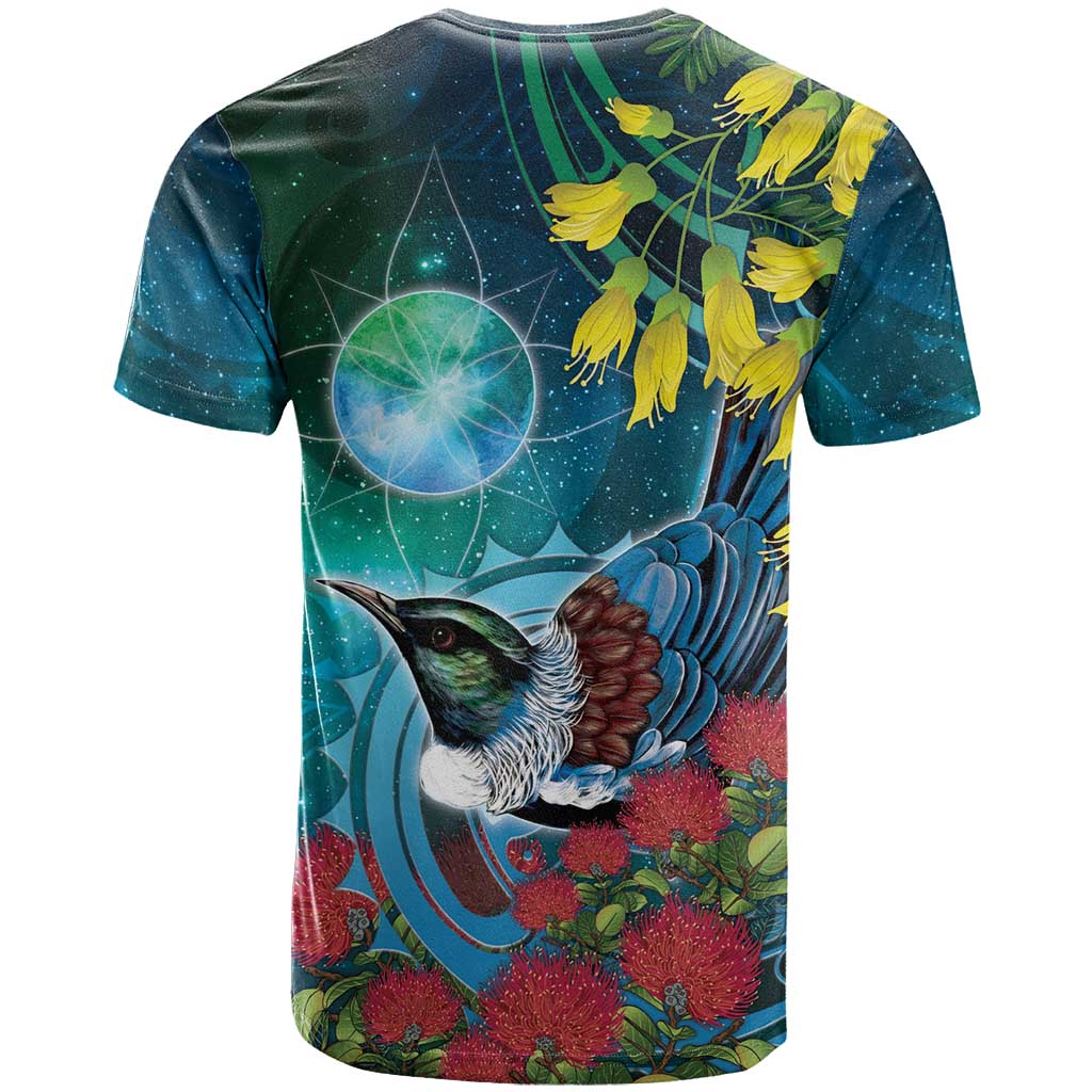 New Zealand Tui Bird T Shirt Maori Koru With Pohutukawa Galaxy Style - Aussie Hoodie