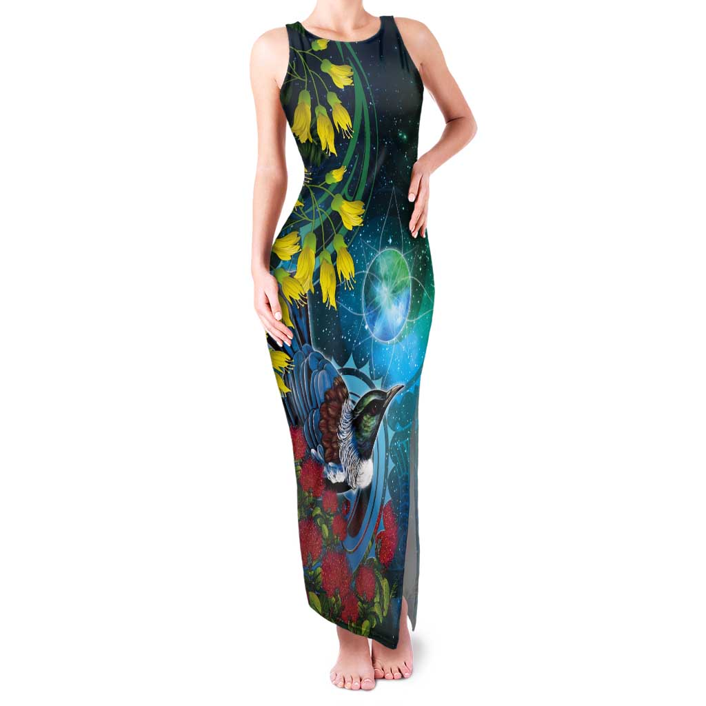 New Zealand Tui Bird Tank Maxi Dress Maori Koru With Pohutukawa Galaxy Style - Aussie Hoodie