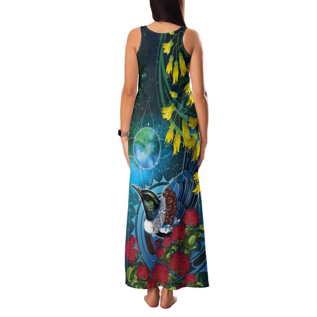 New Zealand Tui Bird Tank Maxi Dress Maori Koru With Pohutukawa Galaxy Style - Aussie Hoodie
