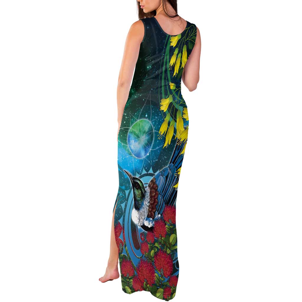 New Zealand Tui Bird Tank Maxi Dress Maori Koru With Pohutukawa Galaxy Style - Aussie Hoodie