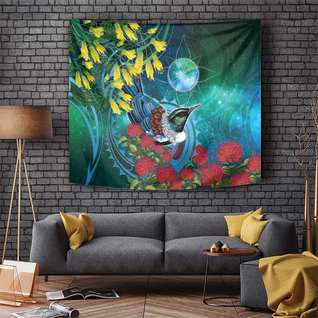 New Zealand Tui Bird Tapestry Maori Koru With Pohutukawa Galaxy Style - Aussie Hoodie