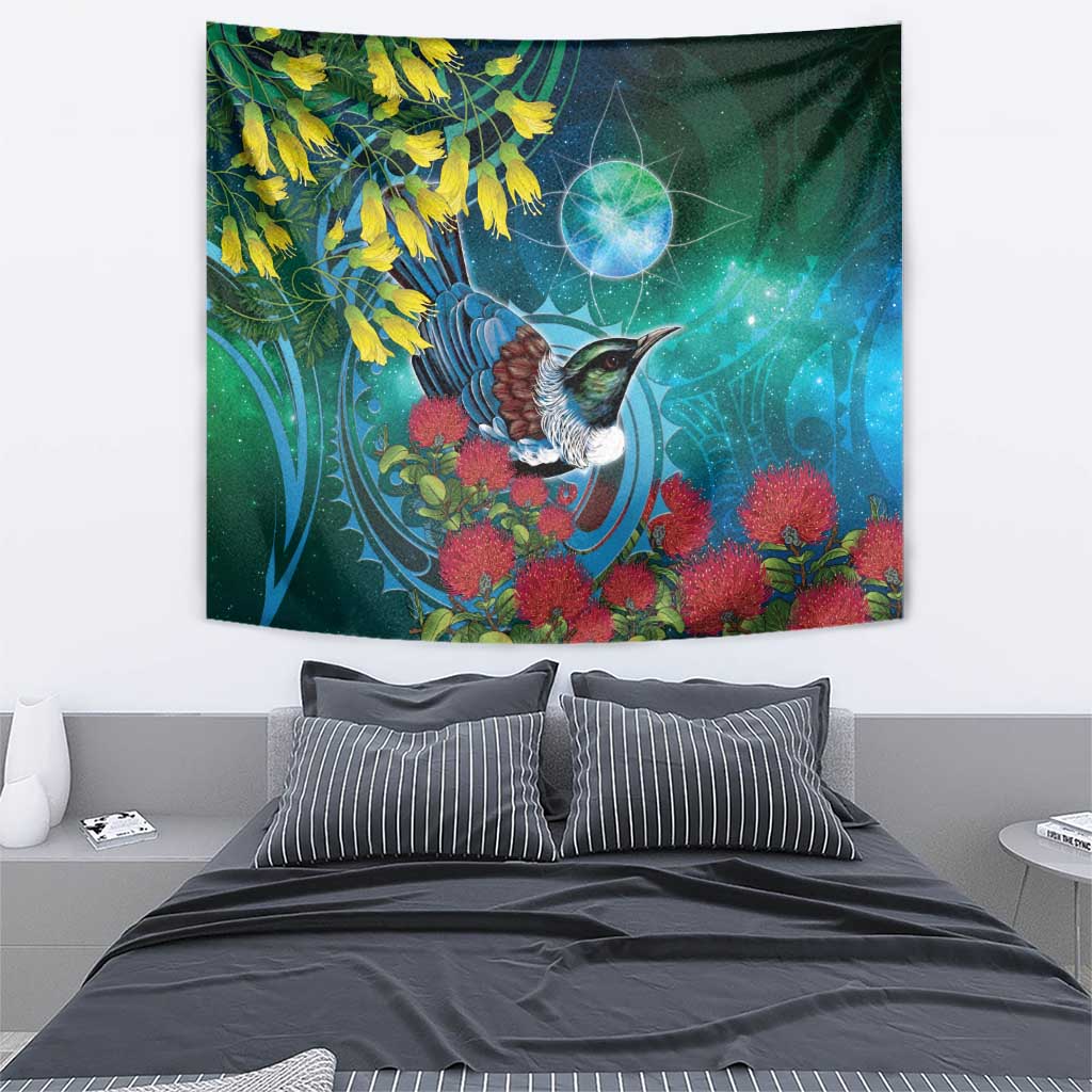 New Zealand Tui Bird Tapestry Maori Koru With Pohutukawa Galaxy Style - Aussie Hoodie