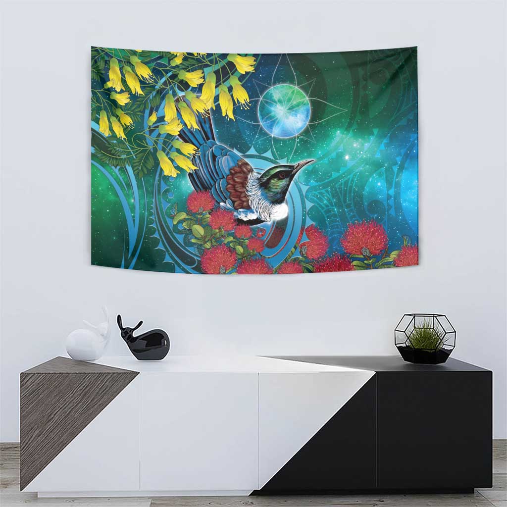 New Zealand Tui Bird Tapestry Maori Koru With Pohutukawa Galaxy Style - Aussie Hoodie