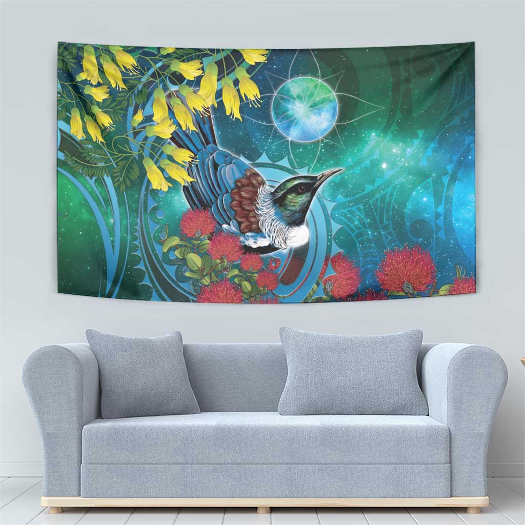 New Zealand Tui Bird Tapestry Maori Koru With Pohutukawa Galaxy Style - Aussie Hoodie