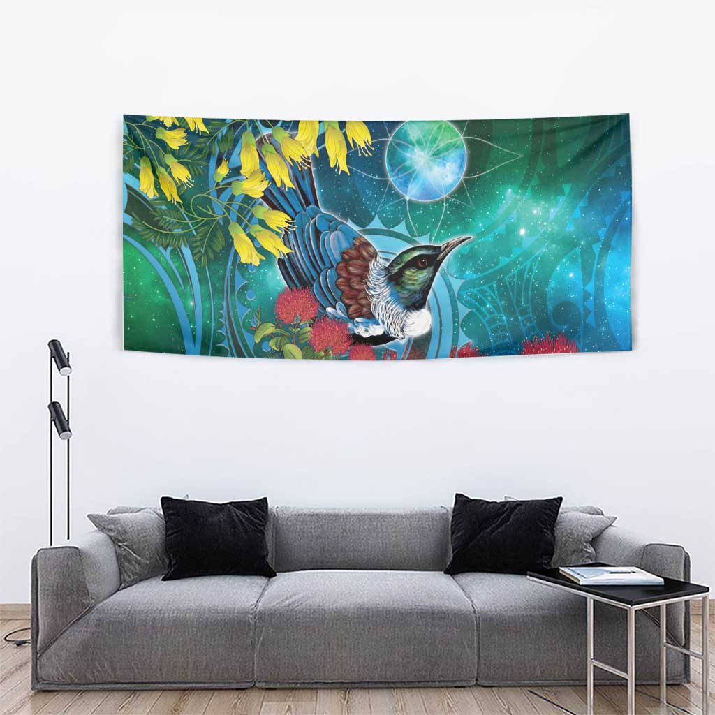 New Zealand Tui Bird Tapestry Maori Koru With Pohutukawa Galaxy Style - Aussie Hoodie
