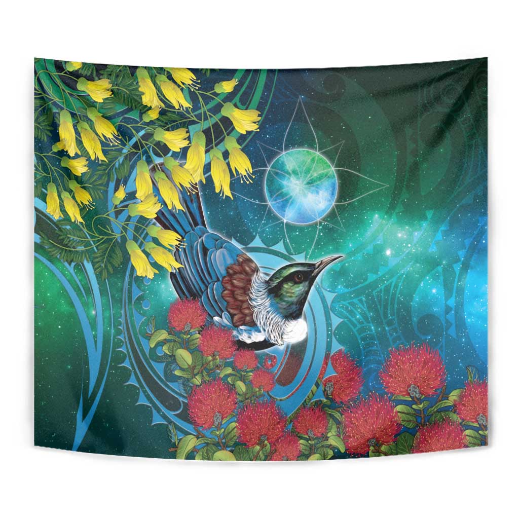 New Zealand Tui Bird Tapestry Maori Koru With Pohutukawa Galaxy Style - Aussie Hoodie