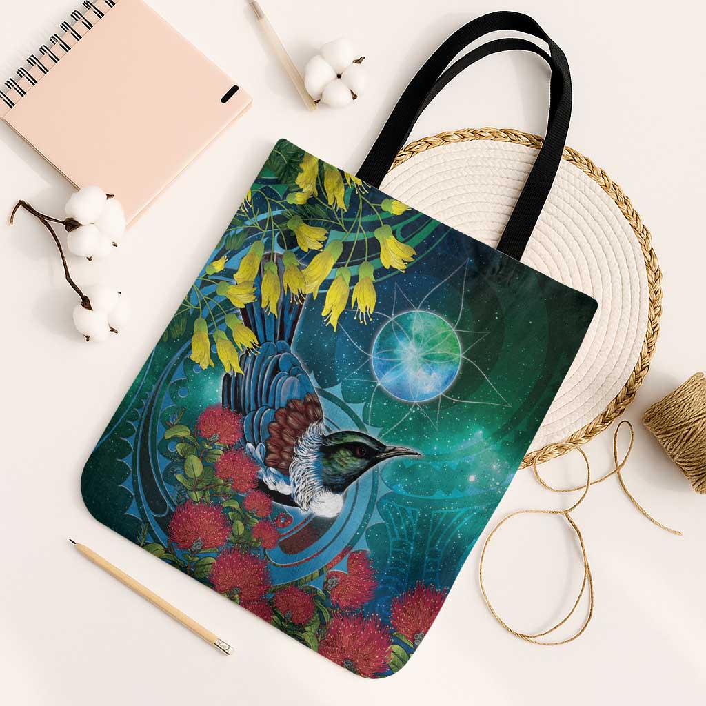 New Zealand Tui Bird Tote Bag Maori Koru With Pohutukawa Galaxy Style - Aussie Hoodie