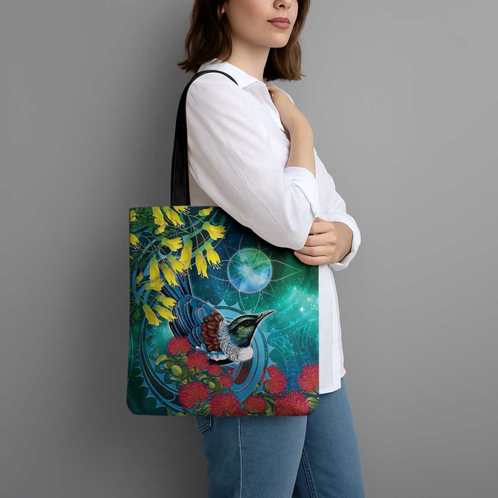 New Zealand Tui Bird Tote Bag Maori Koru With Pohutukawa Galaxy Style - Aussie Hoodie