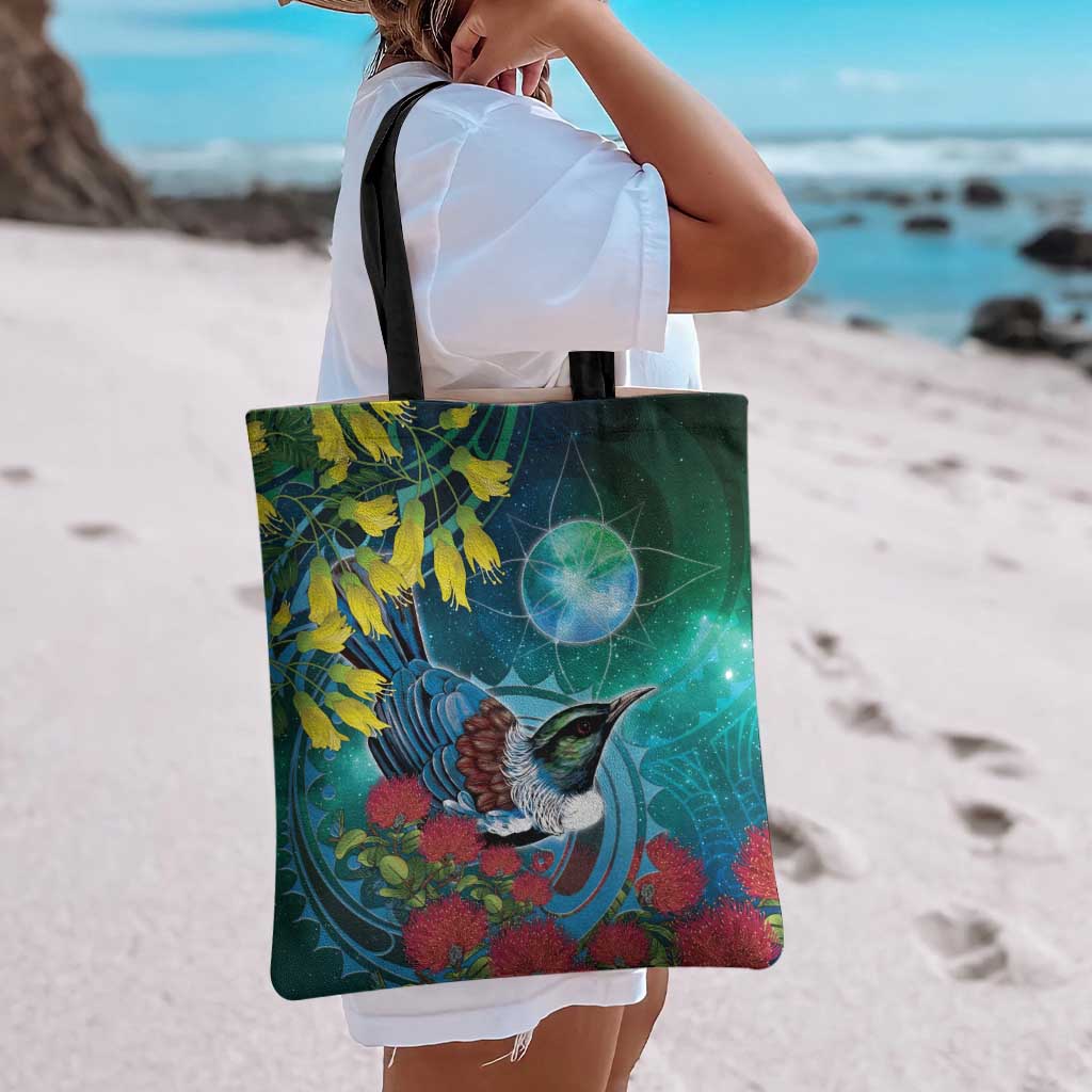 New Zealand Tui Bird Tote Bag Maori Koru With Pohutukawa Galaxy Style - Aussie Hoodie