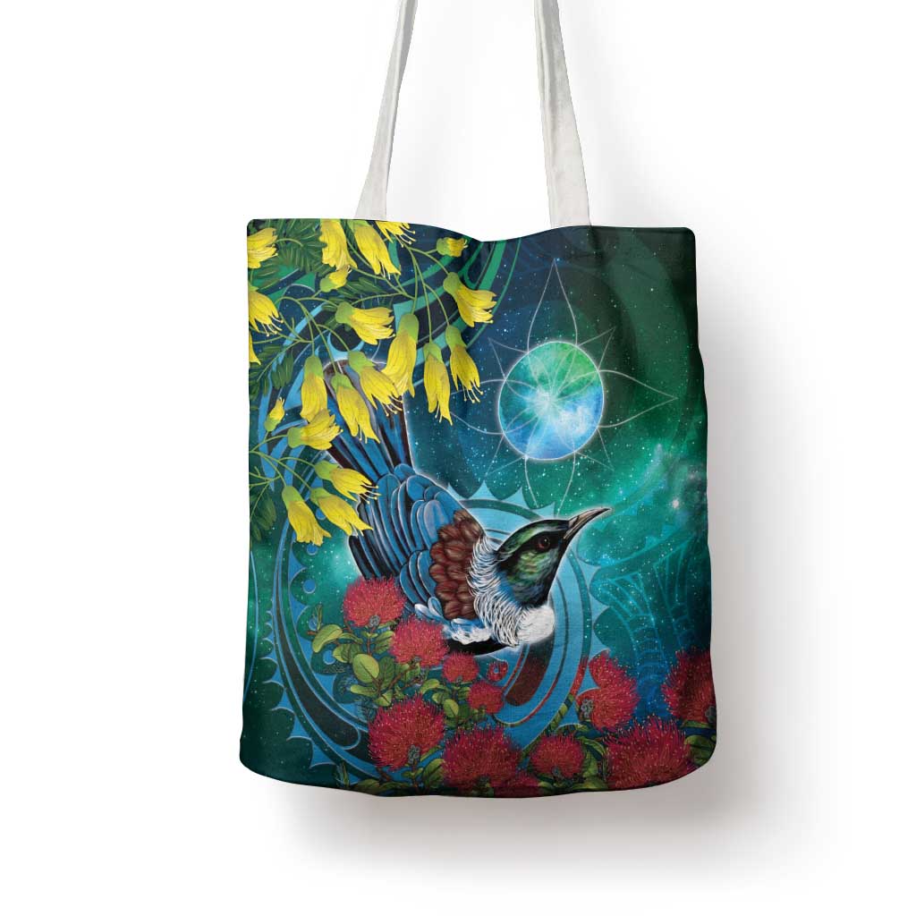 New Zealand Tui Bird Tote Bag Maori Koru With Pohutukawa Galaxy Style - Aussie Hoodie