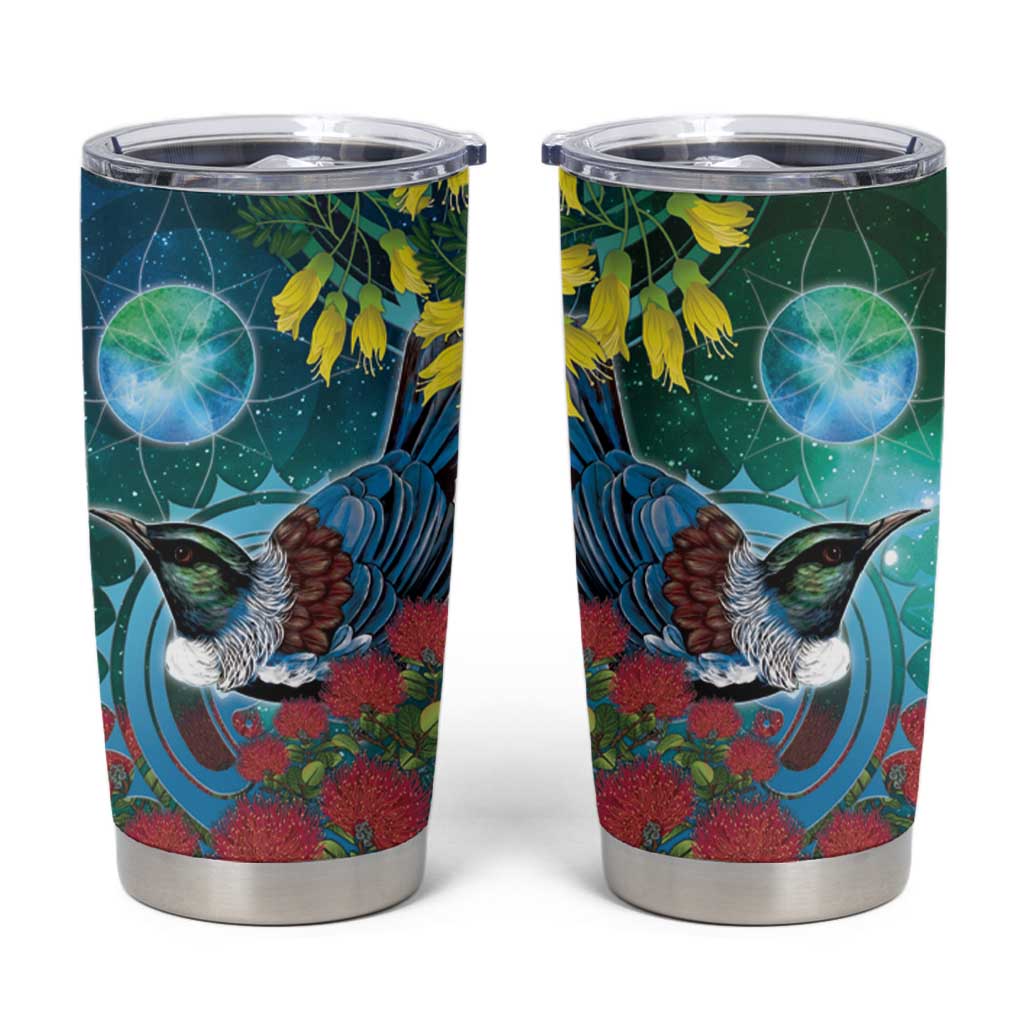 New Zealand Tui Bird Tumbler Cup Maori Koru With Pohutukawa Galaxy Style - Aussie Hoodie