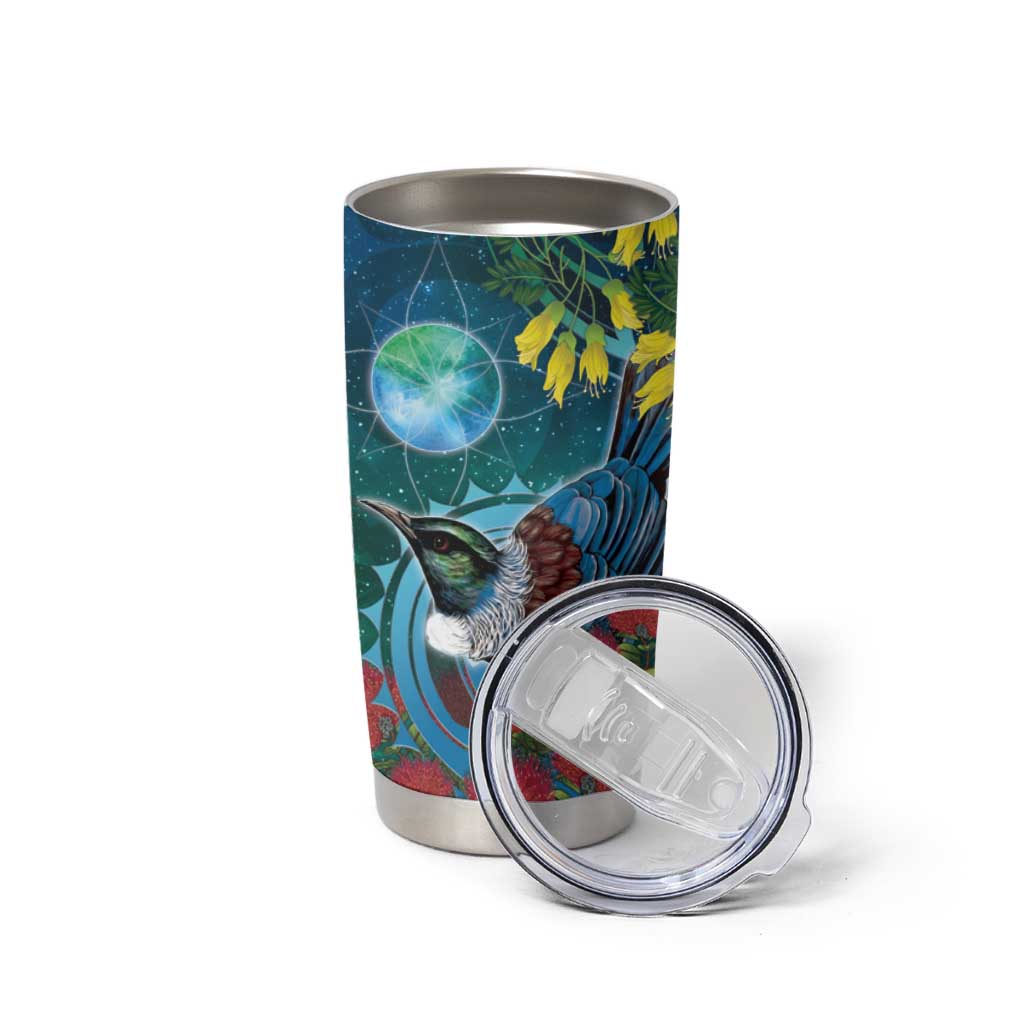 New Zealand Tui Bird Tumbler Cup Maori Koru With Pohutukawa Galaxy Style - Aussie Hoodie