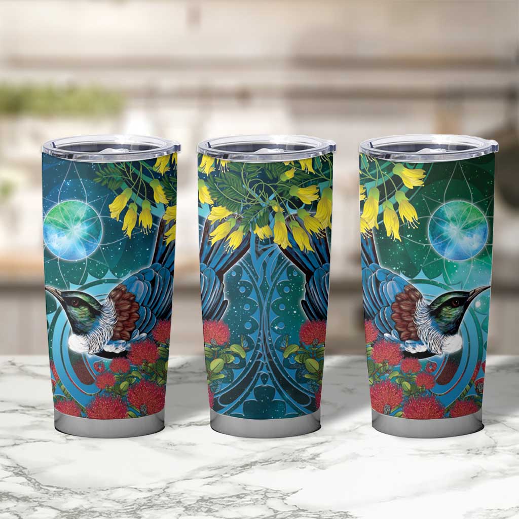 New Zealand Tui Bird Tumbler Cup Maori Koru With Pohutukawa Galaxy Style - Aussie Hoodie