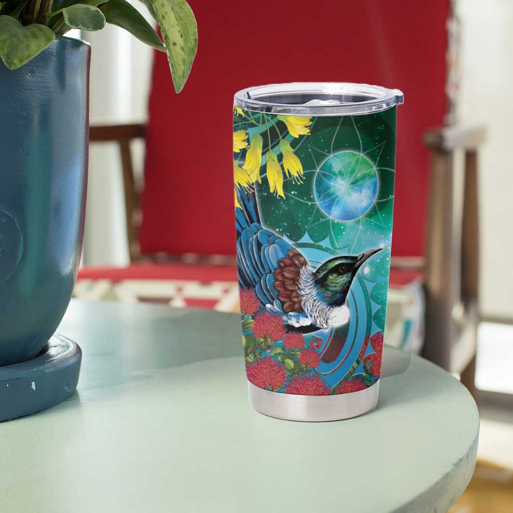 New Zealand Tui Bird Tumbler Cup Maori Koru With Pohutukawa Galaxy Style - Aussie Hoodie