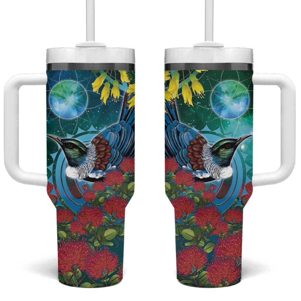 New Zealand Tui Bird Tumbler With Handle Maori Koru With Pohutukawa Galaxy Style - Aussie Hoodie