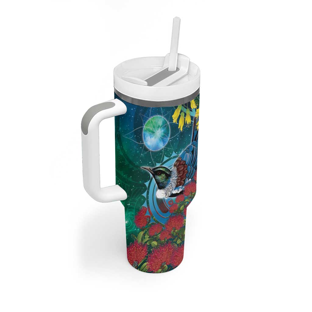 New Zealand Tui Bird Tumbler With Handle Maori Koru With Pohutukawa Galaxy Style - Aussie Hoodie