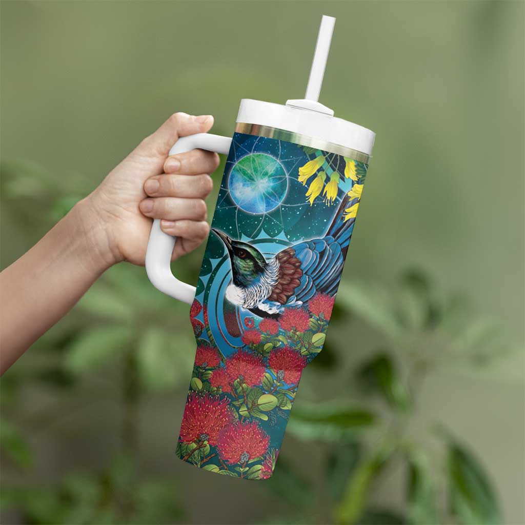 New Zealand Tui Bird Tumbler With Handle Maori Koru With Pohutukawa Galaxy Style - Aussie Hoodie