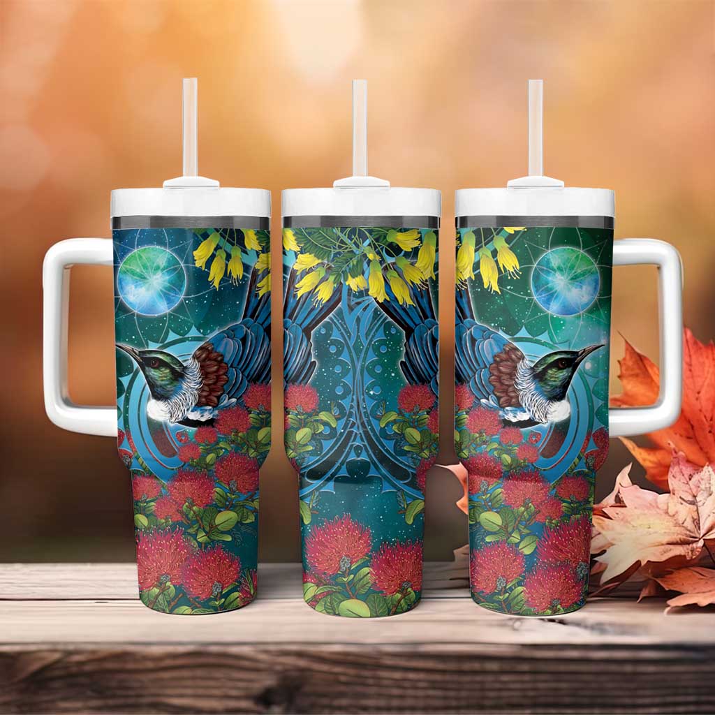 New Zealand Tui Bird Tumbler With Handle Maori Koru With Pohutukawa Galaxy Style - Aussie Hoodie