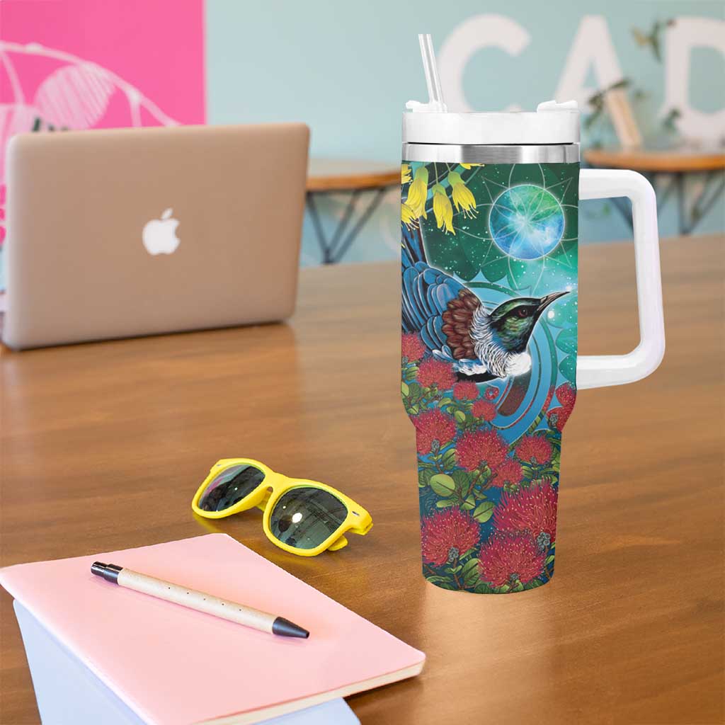 New Zealand Tui Bird Tumbler With Handle Maori Koru With Pohutukawa Galaxy Style - Aussie Hoodie