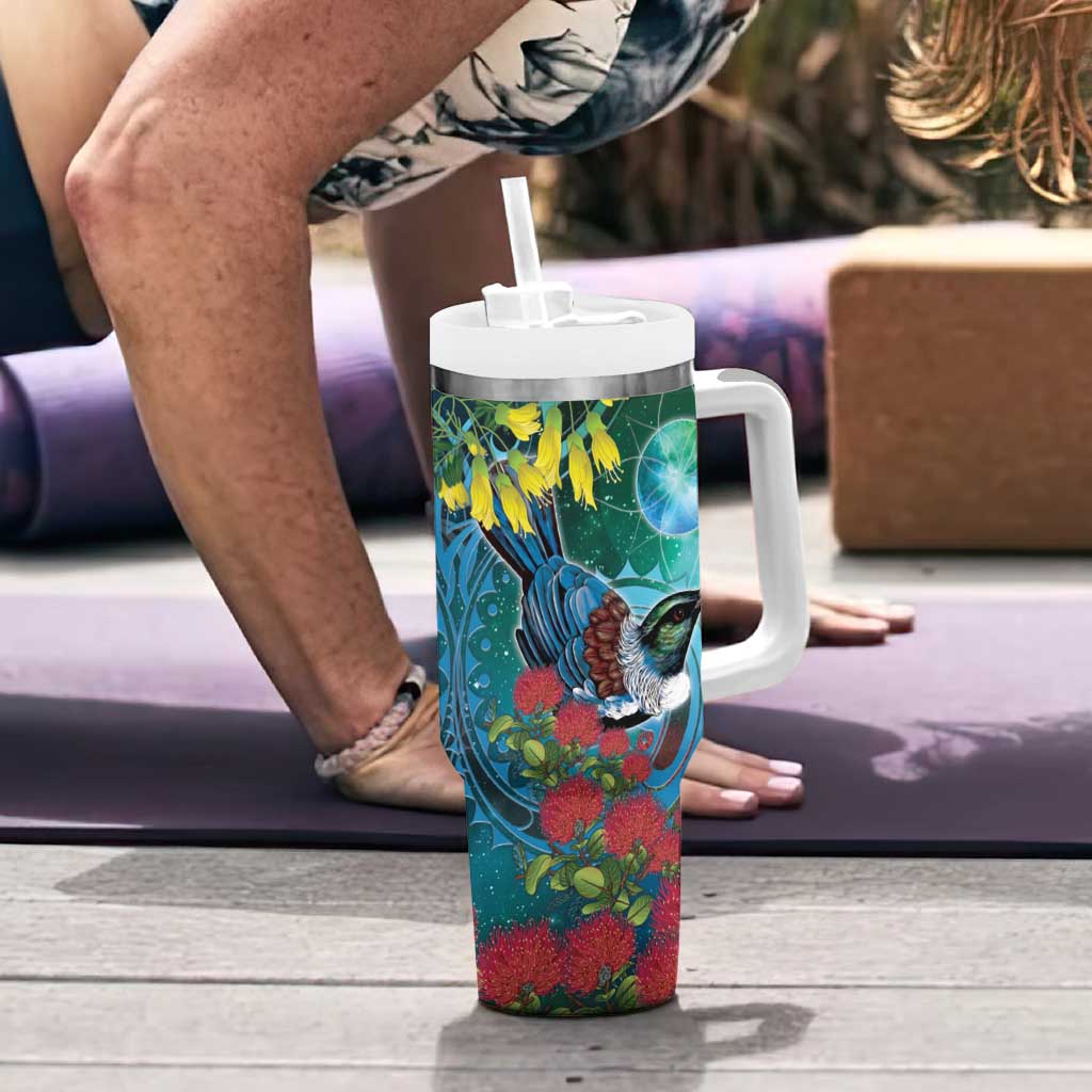New Zealand Tui Bird Tumbler With Handle Maori Koru With Pohutukawa Galaxy Style - Aussie Hoodie