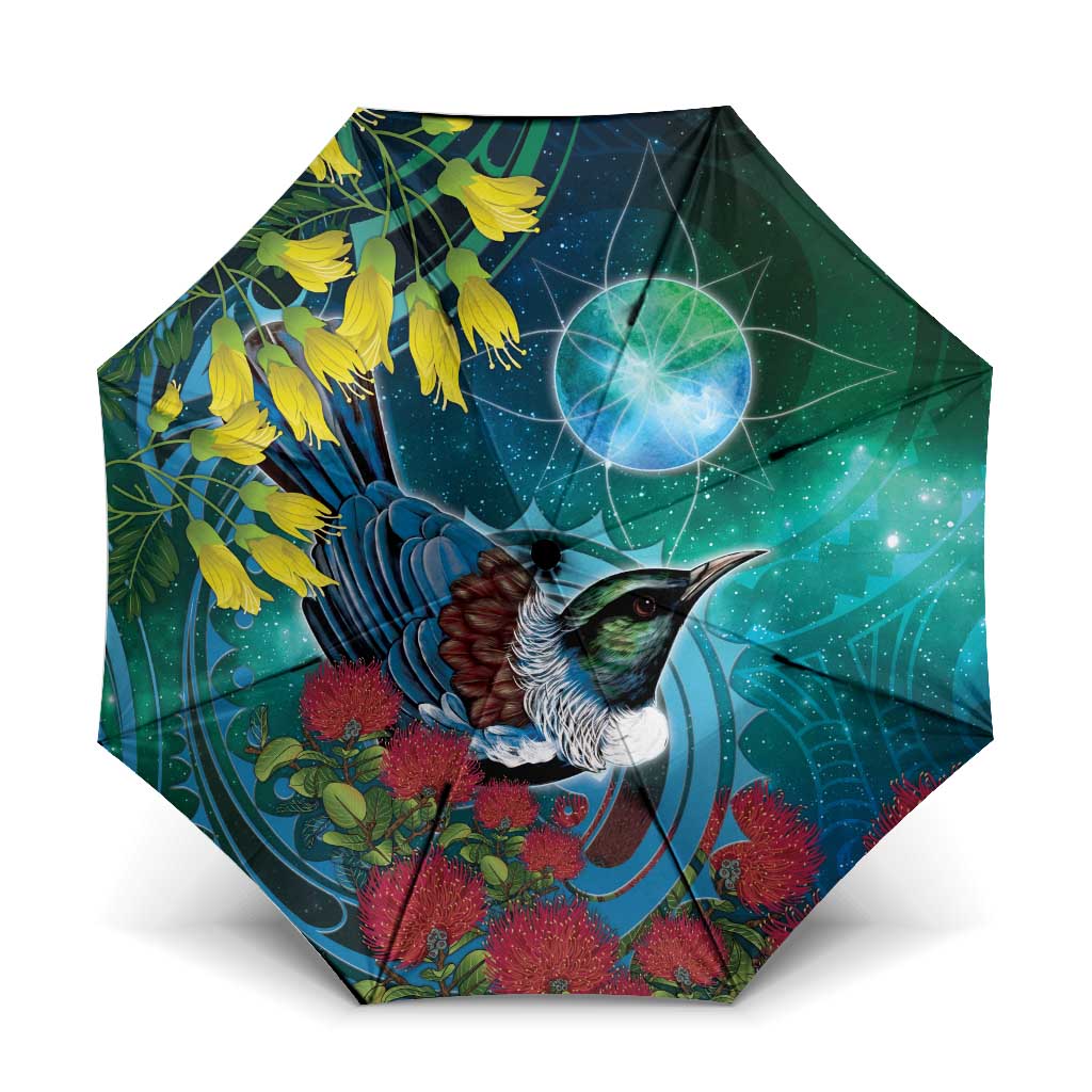 New Zealand Tui Bird Umbrella Maori Koru With Pohutukawa Galaxy Style - Aussie Hoodie