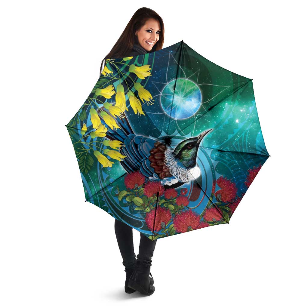New Zealand Tui Bird Umbrella Maori Koru With Pohutukawa Galaxy Style - Aussie Hoodie