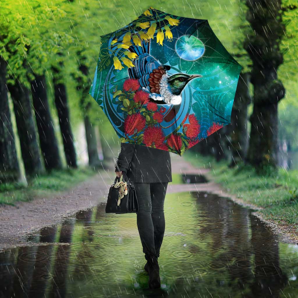 New Zealand Tui Bird Umbrella Maori Koru With Pohutukawa Galaxy Style - Aussie Hoodie